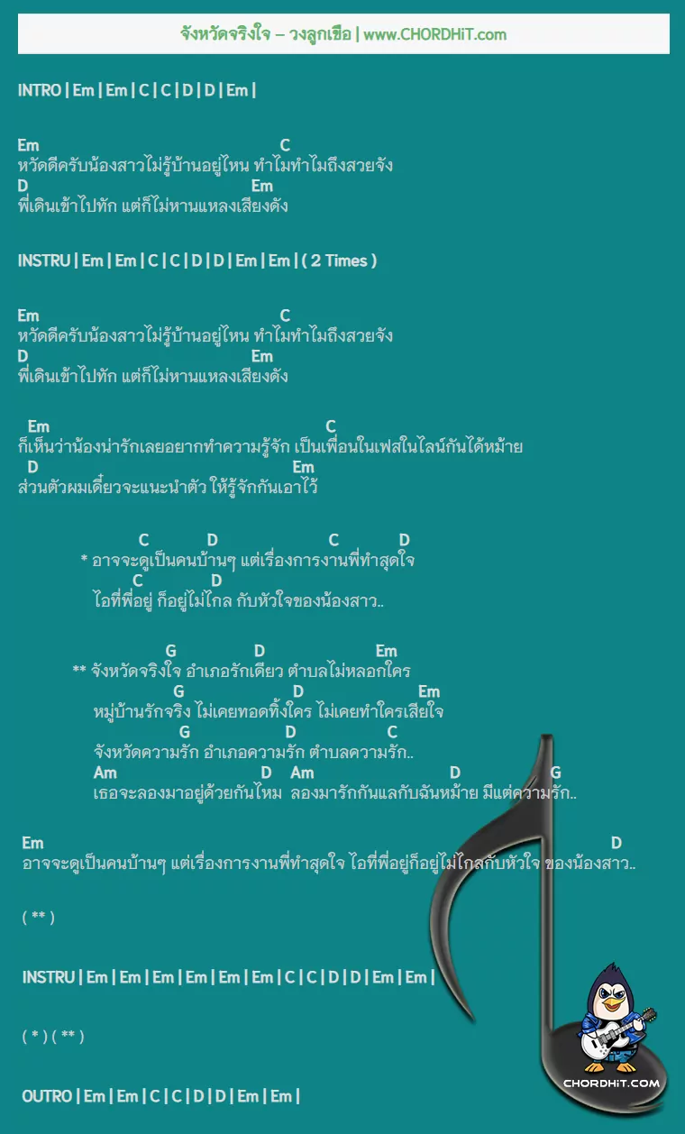 คอร์ดเพลง จังหวัดจริงใจ - วงลูกเขือ