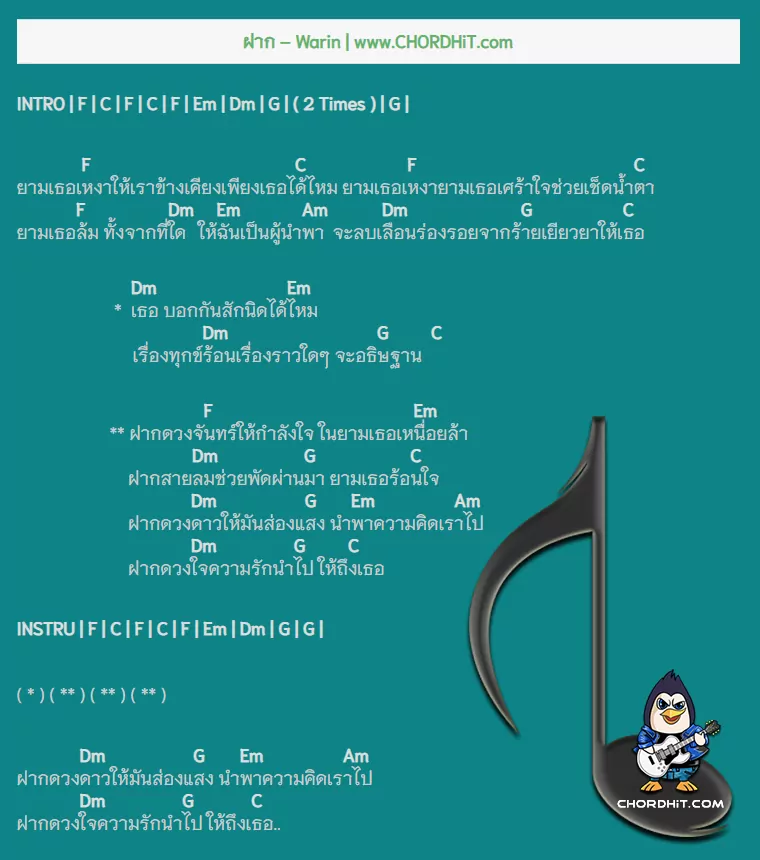 คอร์ดเพลง ฝาก - Warin