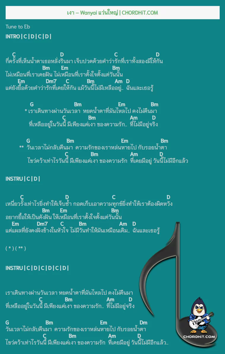 คอร์ดเพลง เงา - Wanyai แว่นใหญ่