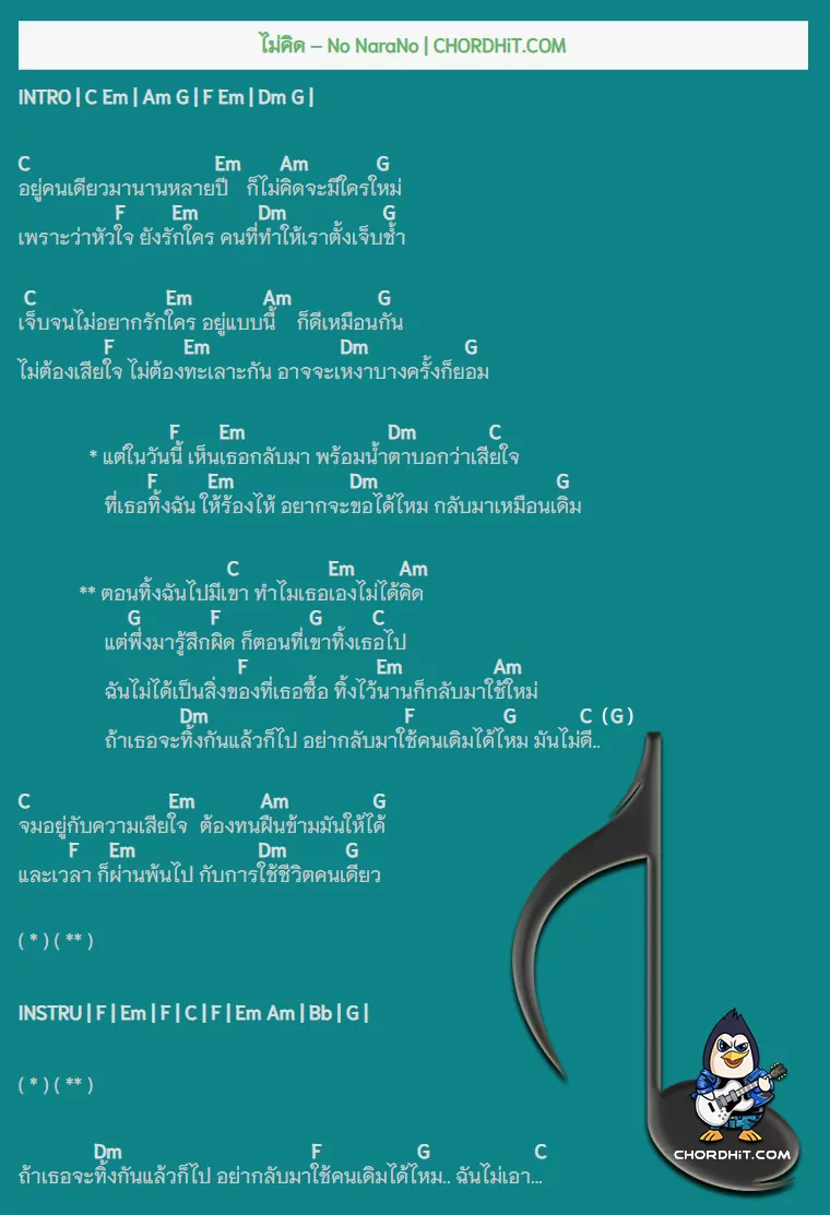 คอร์ดเพลง ไม่คิด - No NaraNo